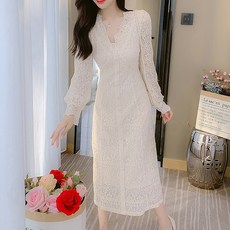 PAPERMENTS V領蕾絲透膚長袖連身裙, 象牙