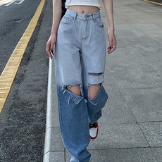 MeiChel 女款漸層寬鬆破洞牛仔褲