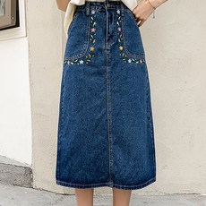 MeiChel 大尺碼復古碎花刺繡牛仔中長裙