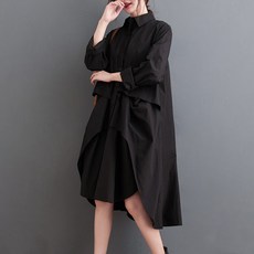 ATTERLIC 大尺碼翻領Oversize下擺不對稱長版連身裙 00589, 黑色