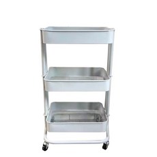 [쿠팡수입] 3단 이동식 수납 철제 선반 메탈 트롤리 카트, 화이트