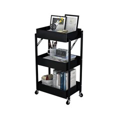 [쿠팡수입] 3단 이동식 원터치 접이식 수납 철제 선반 메탈 트롤리 카트, 블랙