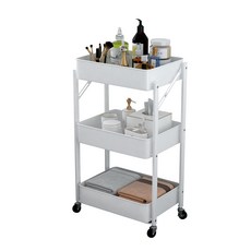 [쿠팡수입] 3단 이동식 원터치 접이식 수납 철제 선반 메탈 트롤리 카트, 화이트