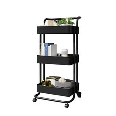 [쿠팡수입] 홈 3단 이동식 수납 다용도 선반 손잡이 트롤리 카트, 블랙