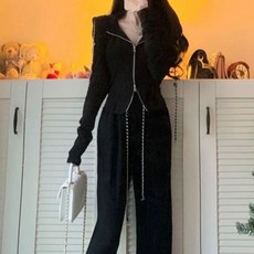 ViVEMO 女款鏈條雙拉鍊外套 + 寬褲休閒套裝 00903