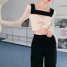 비비에모 여성용 스퀘어넥 섹시 트임 투 리본 니트 티 00968