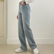 Planday 女款隱藏式鬆緊帶高腰半寬版牛仔褲