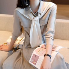 Paperments 時尚繫帶襯衫領A字連身裙 01545 含大尺碼, 米色