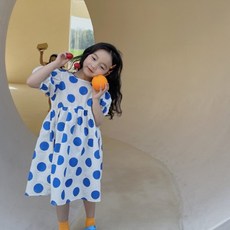 Orenjidamom 女童大圓點泡泡袖短袖連身裙