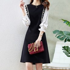 PAPERMENTS 圓領大尺碼拼接連身裙, 黑色