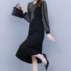 ATTERLIC 圖形圖案蝴蝶結領OL正裝連身裙 00698 含大尺碼, 黑色