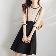 PAPERMENTS 條紋7分袖圓領連衣裙, 黑色