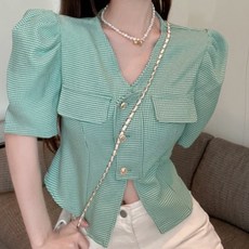 ViVEMO 無領V領泡泡袖下擺開衩女款短袖罩衫 01028