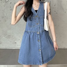 MeiChel V領無袖牛仔迷你連衣裙, 藍色