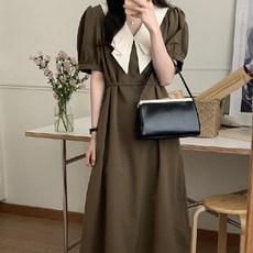 ViVEMO V領蝴蝶結領蕾亞短袖中長版連身裙 01024, 咖啡