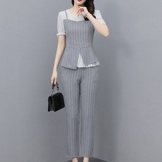 ATTERLIC 圓領條紋透膚袖襯衫直筒褲 2件組