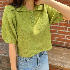 女款圈圈紗翻領短袖針織上衣