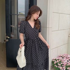 Lemon Soul 圓點V領連身裙 含大尺碼, 黑色