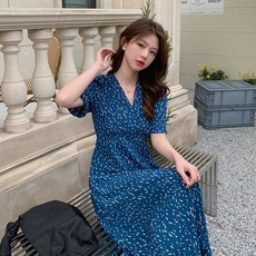 Lemon Soul 圓點V領連身裙 含大尺碼, 藍色