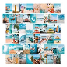 Attu感性復古海報室內裝飾明信片50種 + 盒子 + 透明貼紙套組, 1套, 海洋藍(明信片)