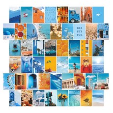 Artou 情感復古海報室內明信片50種+盒子+透明貼紙套組, 1套, 天藍色（明信片）