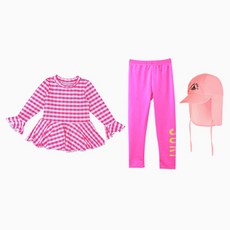 GOING KIDS 女童格紋荷葉邊長袖泳衣+內搭長褲+遮陽帽套裝 S號