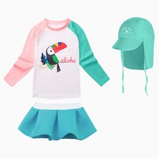 GOING KIDS 女童防曬插肩大嘴鳥長袖泳衣+短裙+遮陽帽套裝