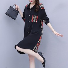 ATTERLIC 奢華印花口袋襯衫式寬鬆連身裙 00673 含大尺碼, 黑色