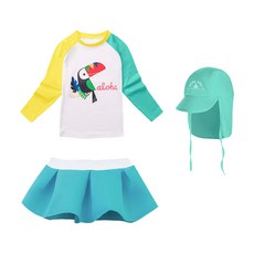 GOING KIDS 女童款雙色拼接長袖泳衣+短泳裙+遮陽帽