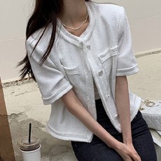ViVEMO 女款夏季復古圓領粗花呢短版短袖外套 01039