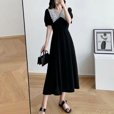 ViVEMO 復古蕾絲花朵翻領長版洋裝 01047 含大尺碼, 黑色