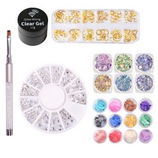 MEIBROWN 綜合美甲裝飾組 MSET020, 1套, 透明凝膠+刷子+珍珠母閃光12種+閃光6種+石頭12種+零件12種