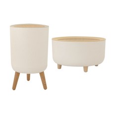 LIVING HAPPY 按壓式木蓋圓形垃圾桶 S號+L號, 白色機身(木紋蓋子), 1組