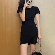 비비에모 라운드넥 슬림핏 튤립 트임 반팔 미디 원피스 숏 01044