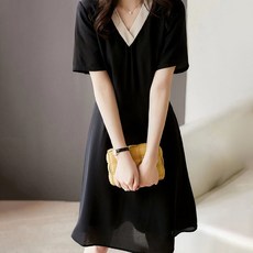 페이퍼먼츠 브이넥 배색 플레어 미디 원피스 01784 빅사이즈 포함