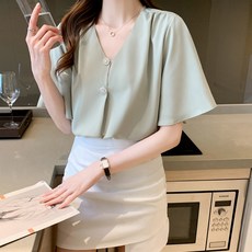 PAPERMENTS V領短袖鈕扣雪紡衫