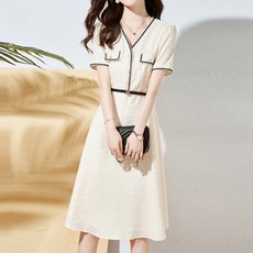 PAPERMENTS V領滾邊腰帶短袖連身裙, 象牙