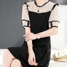 페이퍼먼츠 도트 레이스 배색 포인트 플레어 미디 원피스 01879 빅사이즈 포함