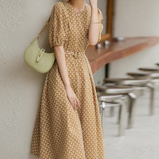 PAPERMENTS 印花短袖腰帶連身裙, 黃色