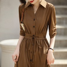 페이퍼먼츠 셔츠형 허리 스모크 주름 베이직 롱 원피스 01924