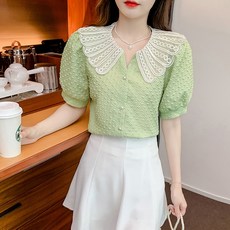 PAPERMENTS 蕾絲花紋領雪紡短袖襯衫