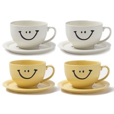 ssueim 微笑圖案咖啡杯+碟子 4入組, 1套, 乳白色、黃色