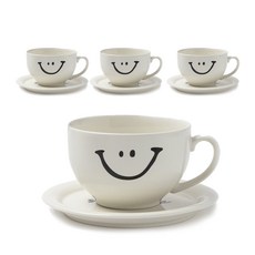ssueim 微笑圖案咖啡杯+碟子 4入組, 1套, 乳白色