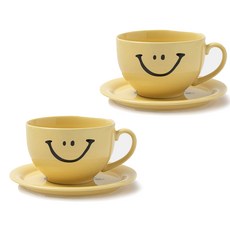 ssueim 微笑圖案咖啡杯+碟子 2入組, 1套, 黃色