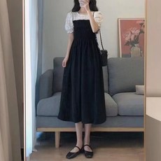 비비에모 밴딩 주름 반팔 플레어 배색 롱 원피스 01101 빅사이즈 포함