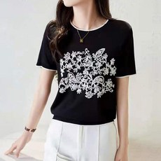페이퍼먼츠 여성용 라운드넥 자카드 플라워 자수 반소매 니트 티셔츠 01732