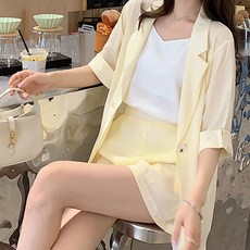 페이퍼먼츠 시스루 루즈핏 자켓 슬립 나시 와이드 숏 팬츠 쓰리피스 세트 01868