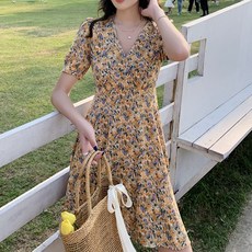 PAPERMENTS 女款浪漫V領碎花雪紡連身短裙 01764, 黃色