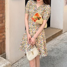 Paperments 碎花花卉V領短袖迷你洋裝 01763, 黃色