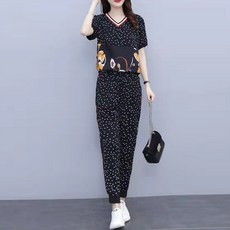 ATTERLIC 女款圓點花卉印花短袖T恤 + 鬆緊腰長褲運動套裝 00787